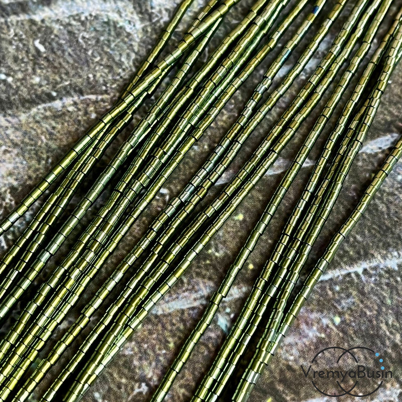 Гематит, трубочка 1.5х2 мм, цв. ЗЕЛЕНЫЙ (нить, ок. 200 шт.)