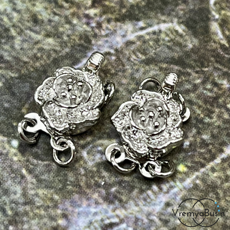 Замок для украшений, на 2 нити, 9х12 мм, латунь с родиевым покрытием (1 шт.) 