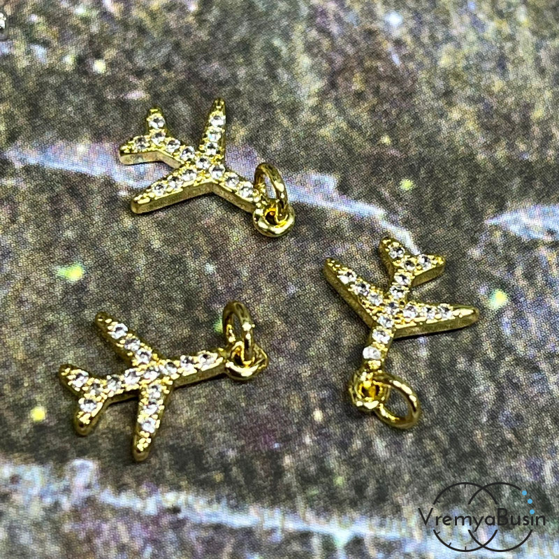 Подвеска из латуни с позолотой и фианитами, самолет 10х12 мм (1 шт.)