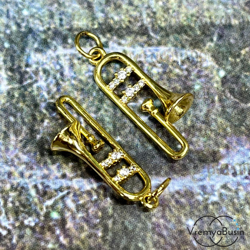 Подвеска из латуни с позолотой и фианитами, труба 9х22 мм  (1 шт.)