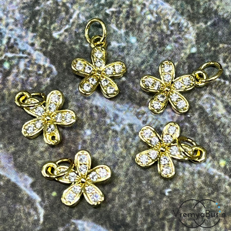 Подвеска из латуни с позолотой и фианитами, цветок 10 мм  (1 шт.)