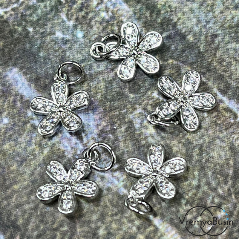 Подвеска из латуни с родиевым покрытием и фианитами, цветок 10 мм  (1 шт.)