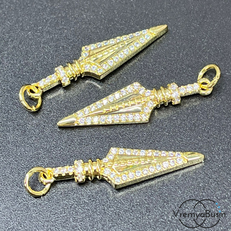 Подвеска из латуни с позолотой и фианитами, клинок 8х29 мм  (1 шт.)