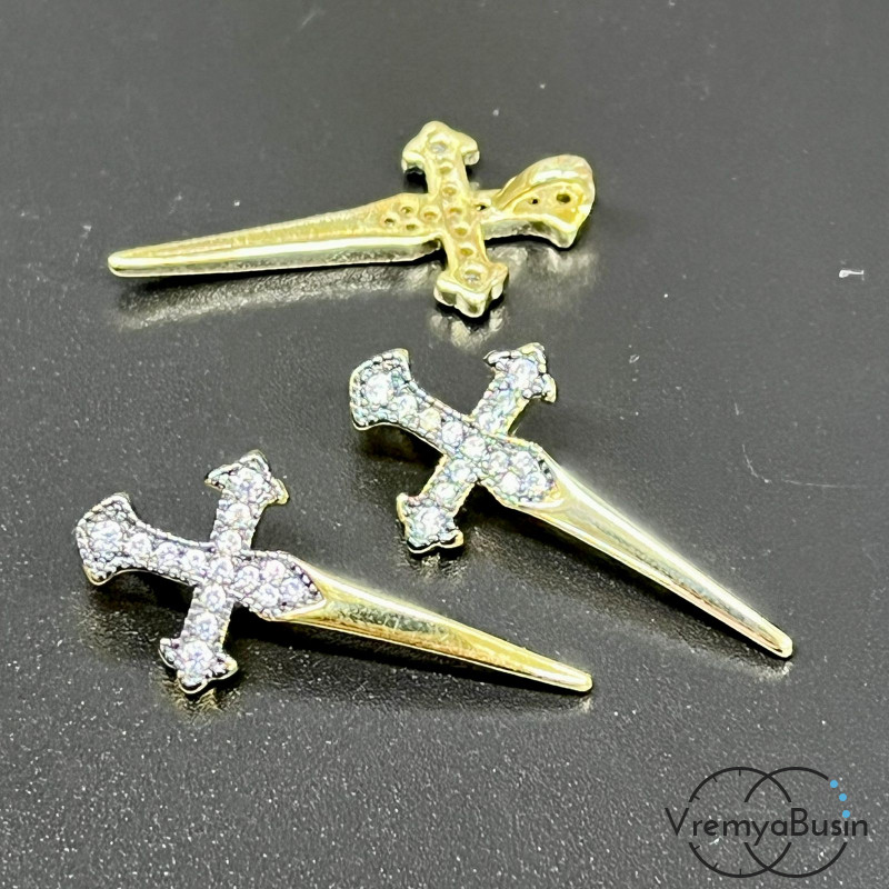 Подвеска из латуни с позолотой и фианитами, клинок крест 12х26 мм  (1 шт.)