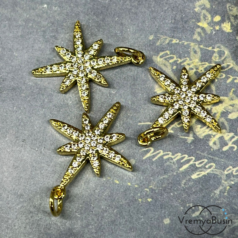 Подвеска из латуни с позолотой и фианитами, зевзда 18х20 мм  (1 шт.)
