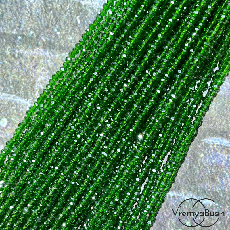 Бусина рондель из граненого стекла 2х3 мм (нить 130 шт.) ТЕМНО-ЗЕЛЕНЫЙ
