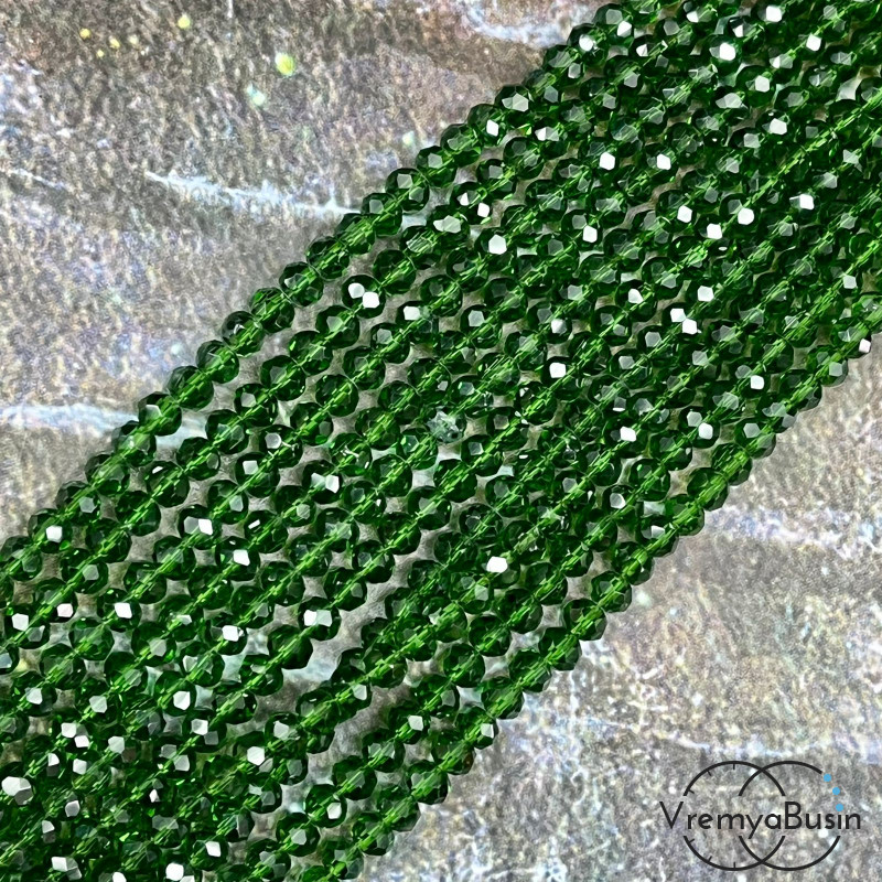 Бусины-рондели из граненого стекла, 3х4 мм, цв. темно-зеленый (нить, ок. 130 шт.)