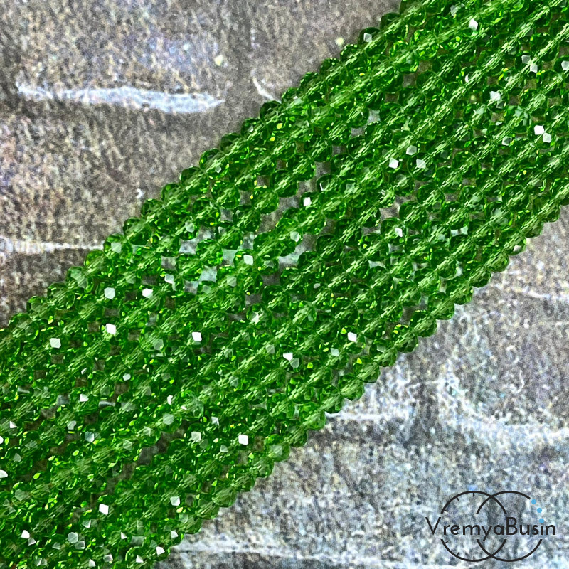 Бусины-рондели из граненого стекла, 3х4 мм, цв. зеленый (нить, ок. 130 шт.)