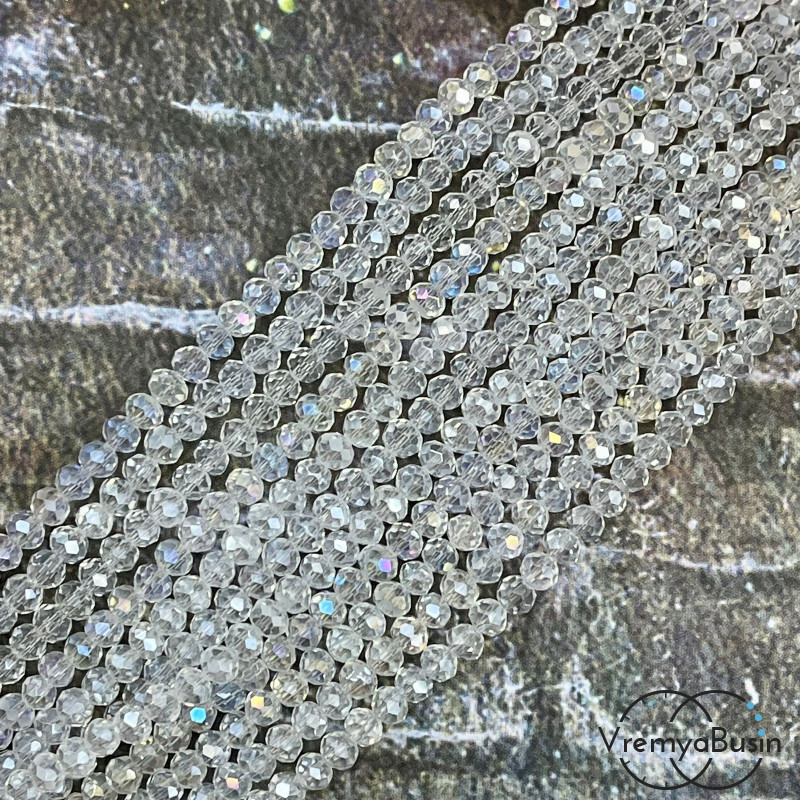 Бусины-рондели из граненого стекла, 3х4 мм, цв. прозрачный с АБ переливом (нить, ок. 130 шт.)