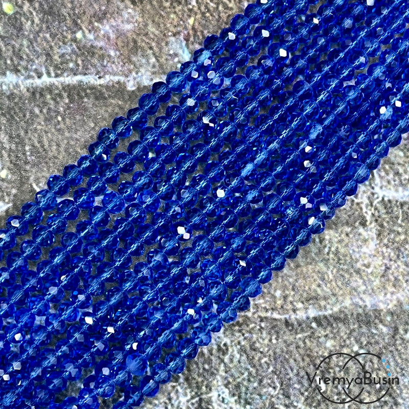 Бусины-рондели из граненого стекла, 3х4 мм, цв. синий (нить, ок. 130 шт.)