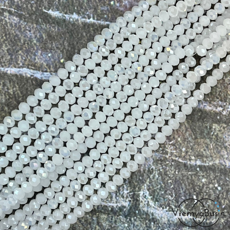 Бусины-рондели из граненого стекла, 3х4 мм, цв. матовый белый (нить, ок. 130 шт.)