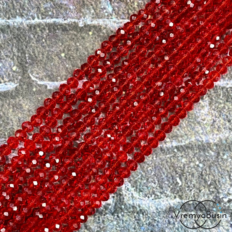 Бусины-рондели из граненого стекла, 3х4 мм, цв. красный (нить, ок. 130 шт.)