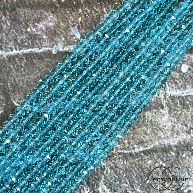 Бусины-рондели из граненого стекла, 3х4 мм, цв. бирюзовый (нить, ок. 130 шт.)