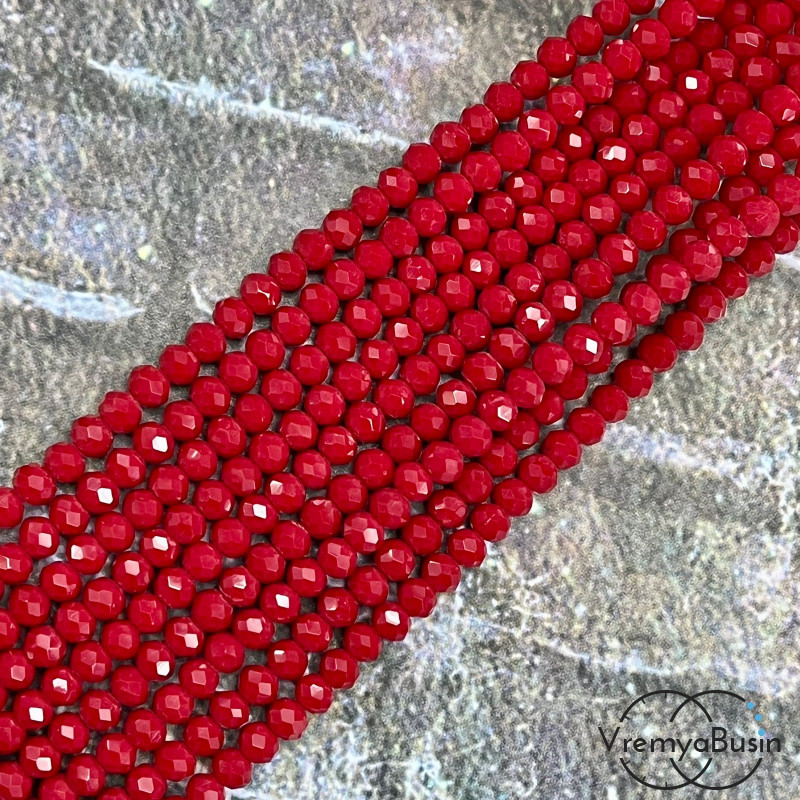 Бусины-рондели из граненого стекла, 3х4 мм, цв. матовый красный (нить, ок. 130 шт.)