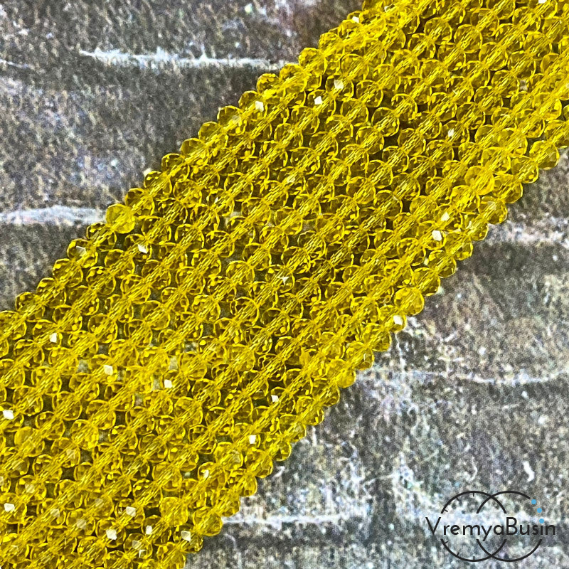 Бусины-рондели из граненого стекла, 3х4 мм, цв. желтый  (нить, ок. 130 шт.)