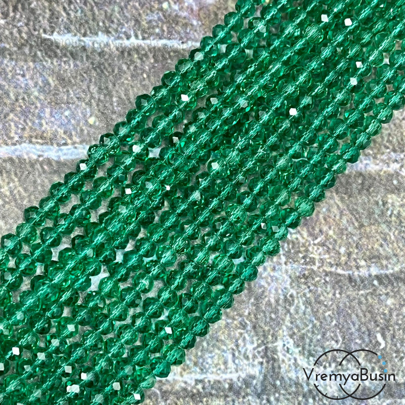 Бусины-рондели из граненого стекла, 3х4 мм, цв. изумрудный (нить, ок. 130 шт.)