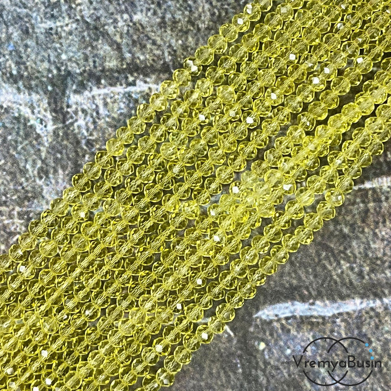 Бусины-рондели из граненого стекла, 3х4 мм, цв. лимонный (нить, ок. 130 шт.)