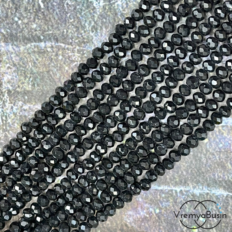 Бусины-рондели из граненого стекла, 3х4 мм, цв. черный (нить, ок. 130 шт.)