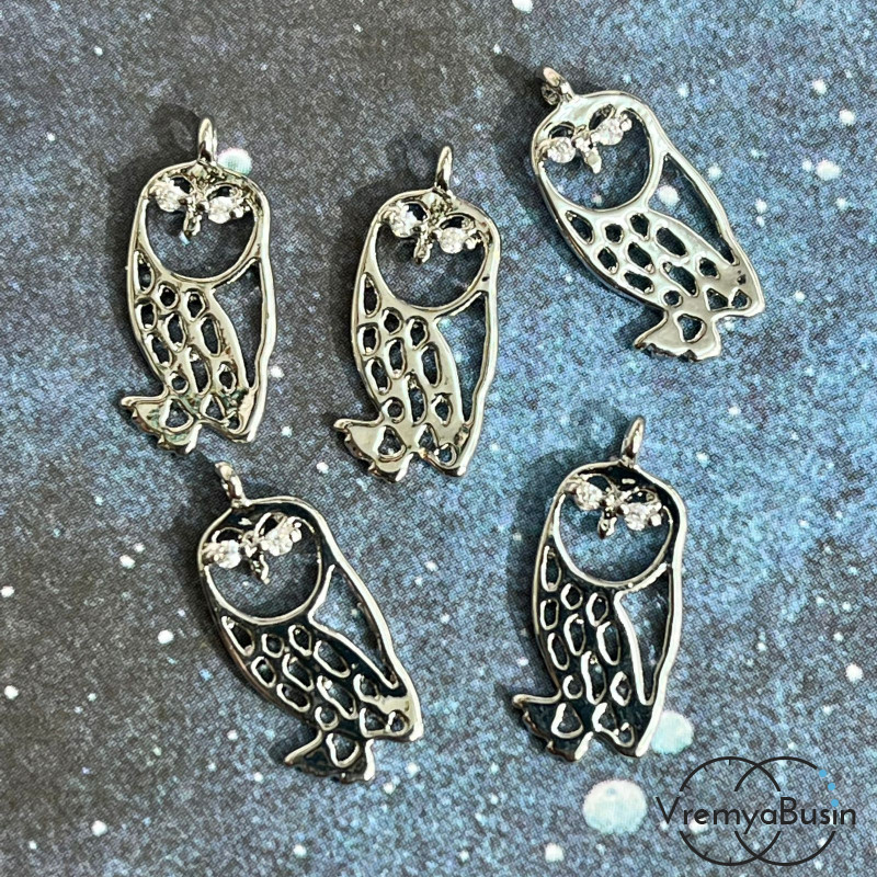 Подвеска из латуни с родиевым покрытием, "Сова" 7х16 мм  (1 шт.)