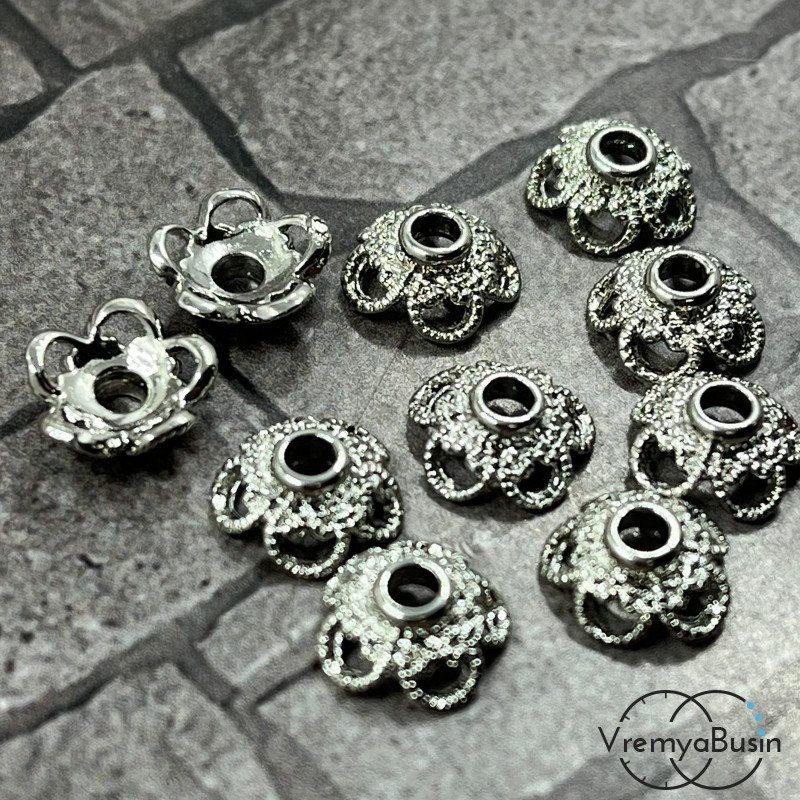 Шапочки для бусин 9 мм, латунь с родиевым покрытием (10 шт.)