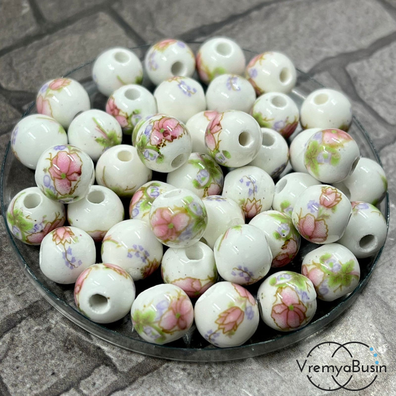 Бусины из фарфора с цветами, 8 мм (1 шт.)