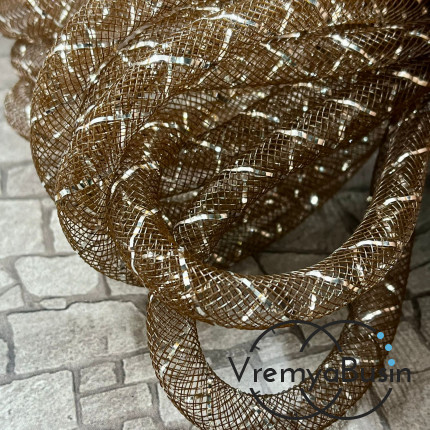 Полый шнур из нейлоновой сетки, 9 мм, цв. коричневый с серебряной полоской (1 м.)