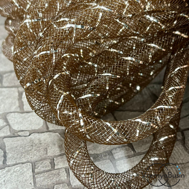 Полый шнур из нейлоновой сетки, 9 мм, цв. коричневый с серебряной полоской (1 м.)