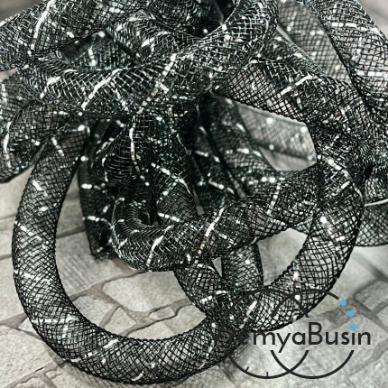 Полый шнур из нейлоновой сетки, 8 мм, цв. черный с серебряной полоской (1 м.)