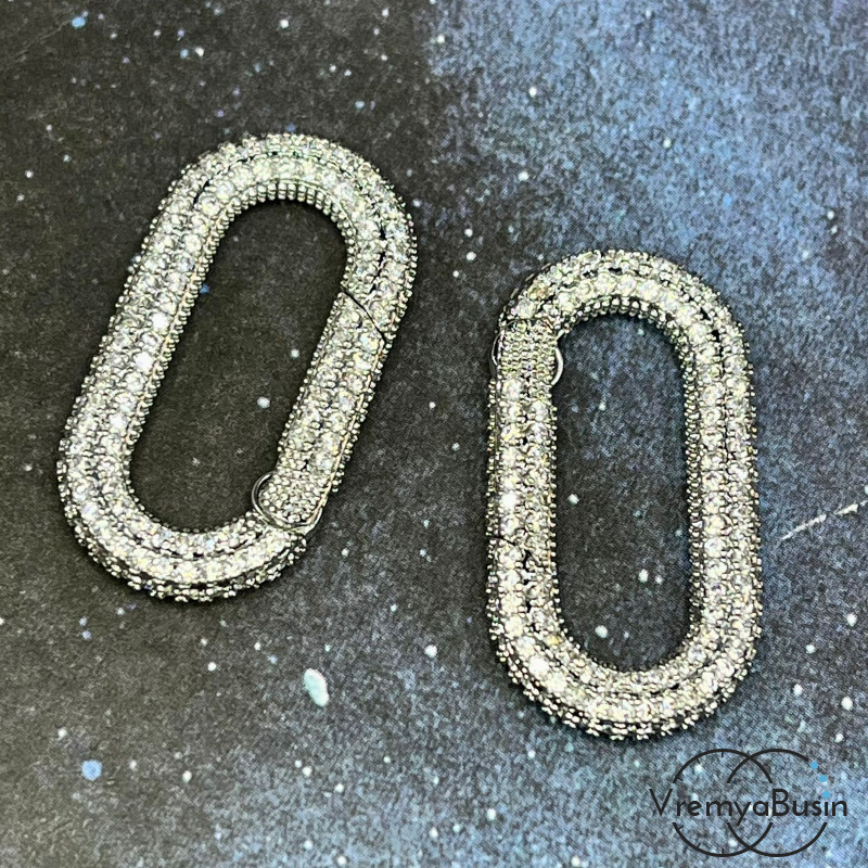 Замок-карабин с фианитами, 15х28 мм, латунь с родиевым покрытием (1 шт.)