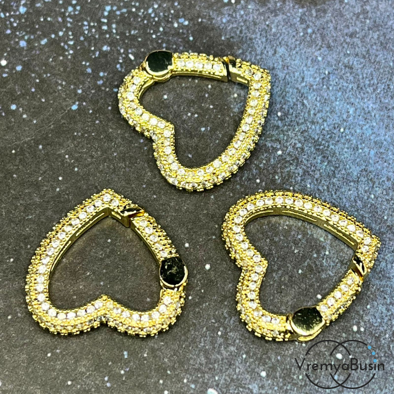 Замок-карабин с фианитами, 18х20 мм, латунь с позолотой (1 шт.)