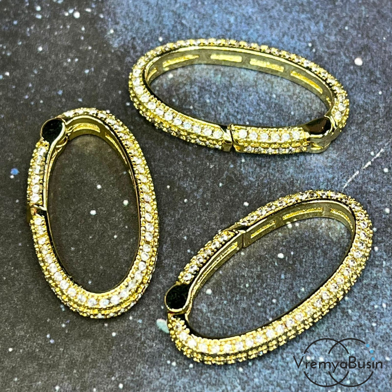 Замок-карабин с фианитами, 15х28 мм, латунь с позолотой (1 шт.)