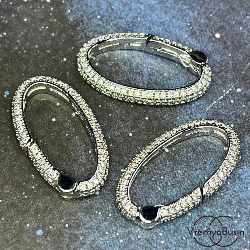 Замок-карабин с фианитами, 15х28 мм, латунь с родиевым покрытием (1 шт.)