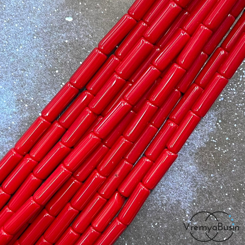Бусины трубочки из гладкого стекла, 4х14 мм, цв. красный  (нить, ок. 28  шт.)