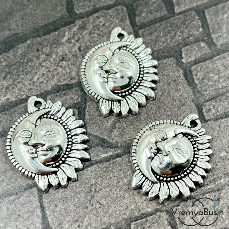 Солнце и месяц. Подвеска металлическая, 16х20 мм, цв. серебро  (1 шт.)