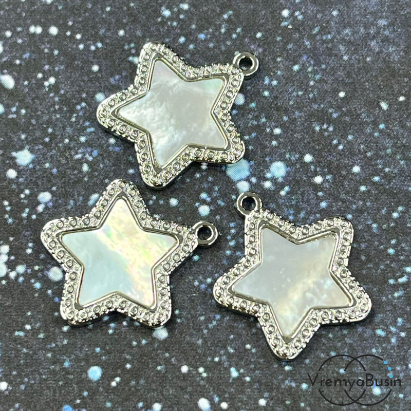 Подвеска с перламутром "Звезда", 15х17 мм, латунь с родиевым покрытием (1 шт.)
