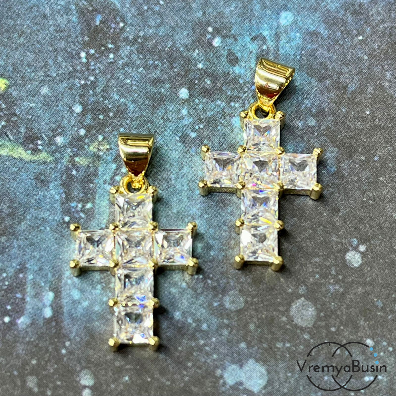 Подвеска с фианитами, крест 13х24 мм, латунь с позолотой   (1 шт.)