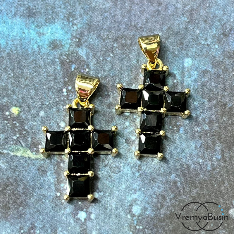 Подвеска с фианитами, крест 13х24 мм, латунь с позолотой   (1 шт.)