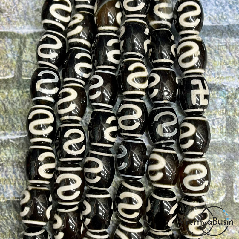 Бусины Дзи из агата, бочонки 10х15 мм (1/2 нити, ок. 12 шт.)