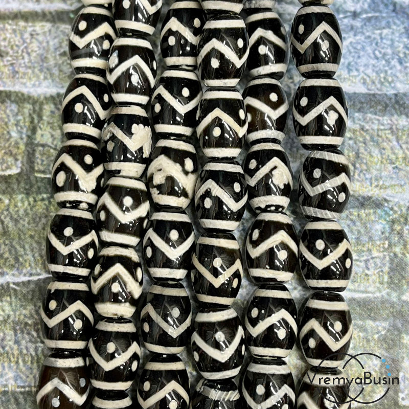 Бусины Дзи из агата, бочонки 10х15 мм (1/2 нити, ок. 12 шт.)