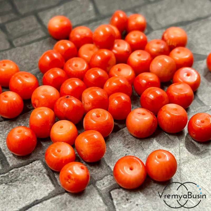 Коралл натуральный, бусина рондель, ок. 5х8 мм, цв. оранжевый (1 шт.)
