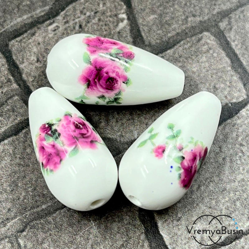 Бусины из фарфора, капля с цветами, 10х20 мм (сет, 3 шт.)
