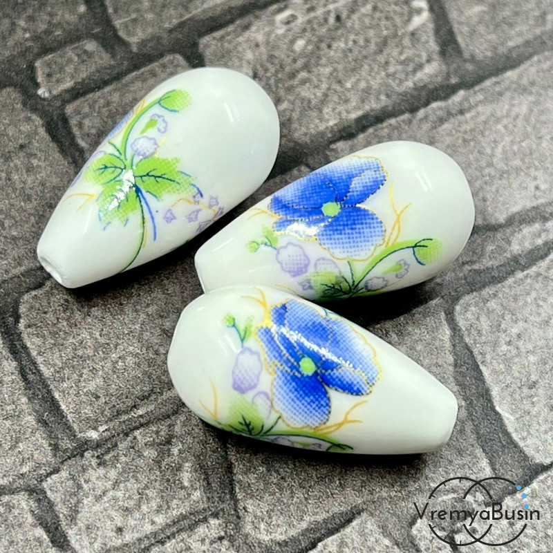 Бусины из фарфора, капля с цветами, 10х20 мм (сет, 3 шт.)