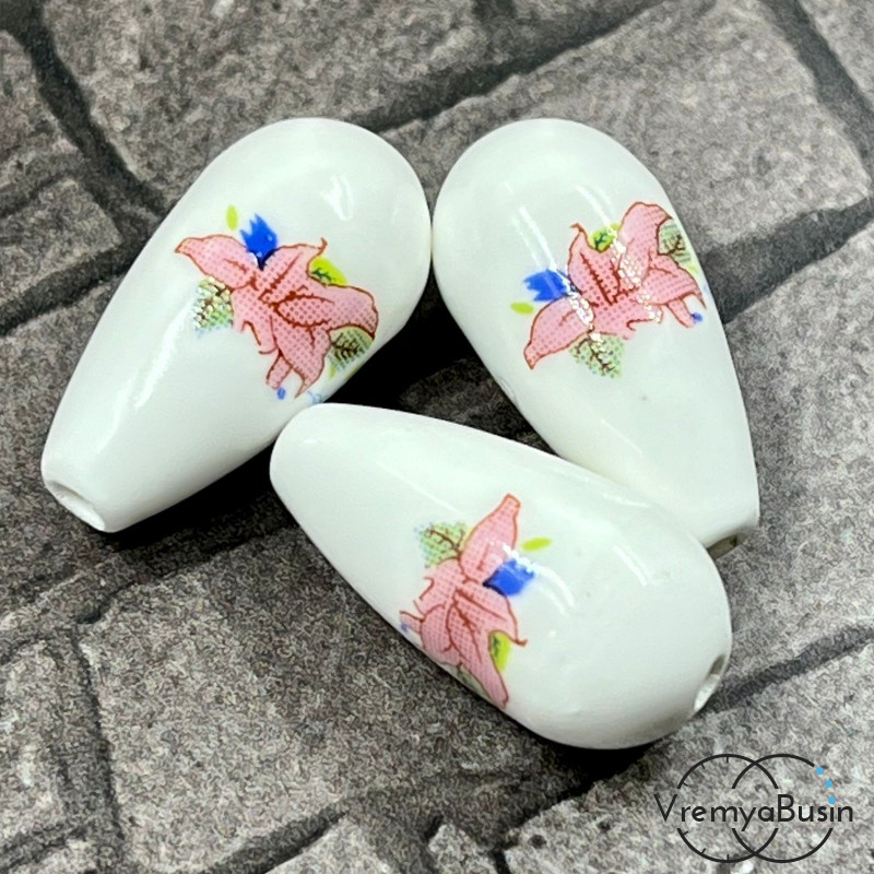 Бусины из фарфора, капля с цветами, 10х20 мм (сет, 3 шт.)