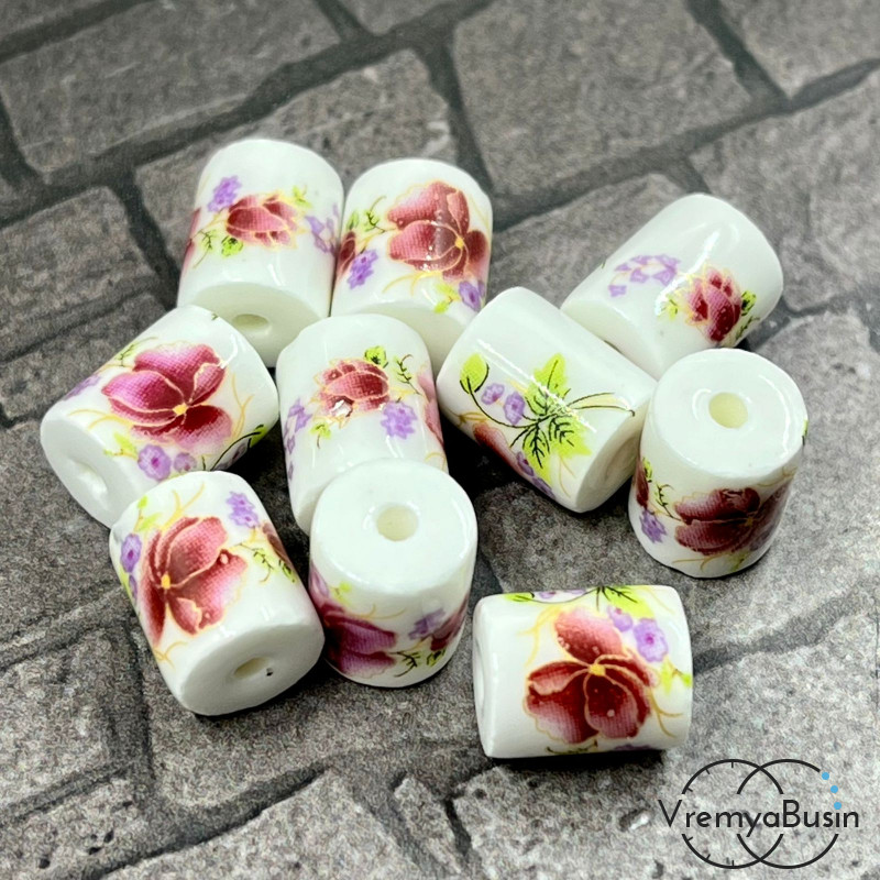 Бусины из фарфора, трубочка с цветами, 9х11 мм (сет 5 шт.)