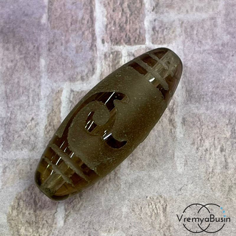Резная бусина Дзи из раухтопаза "Зеленая тара", 30х12 мм (1 шт.)