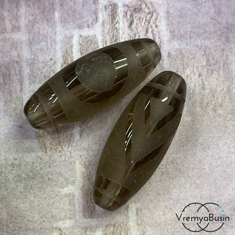 Резная бусина Дзи из раухтопаза "1 глаз + Гора", 30х12 мм (1 шт.)