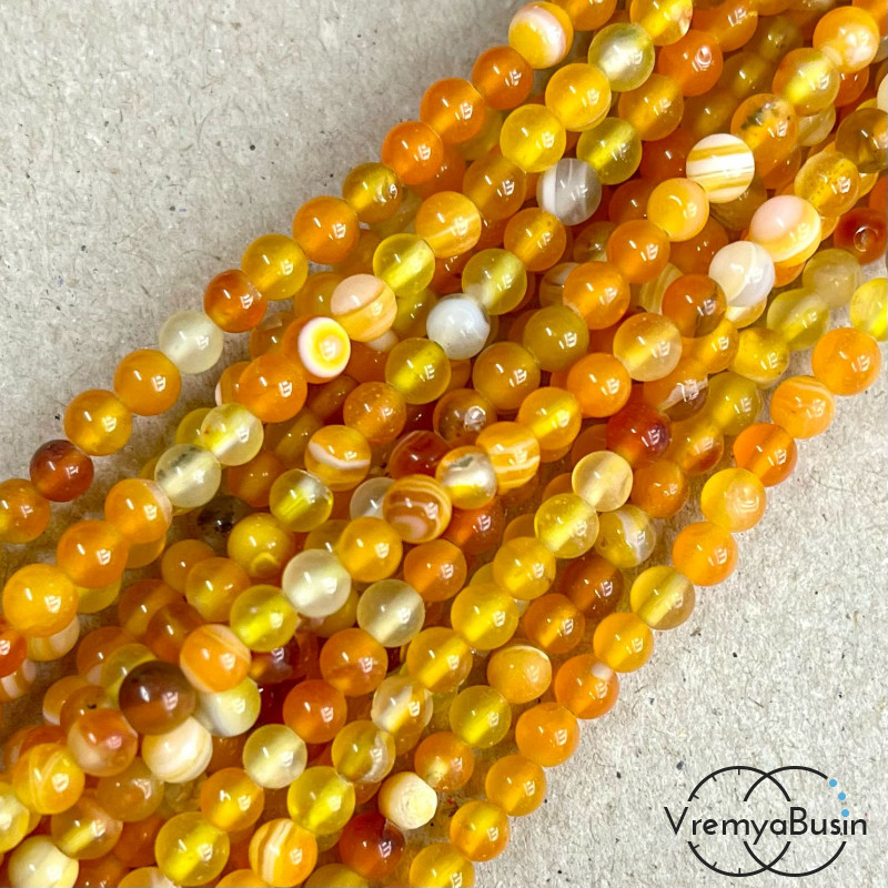 Агат тонированный, гладкий шарик 4 мм, цв. желтый  (нить, ок. 90 шт.)