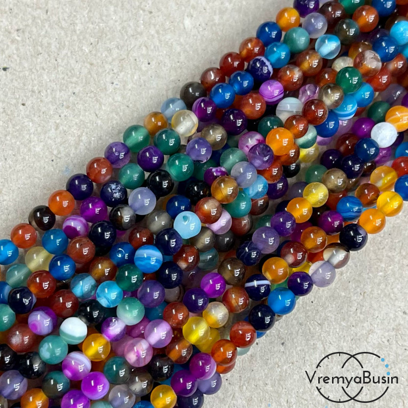 Агат тонированный, гладкий шарик 4 мм, цв. микс (нить, ок. 90 шт.)
