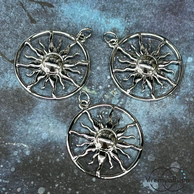 Подвеска “Солнце», 23 мм, из латуни с родиевым покрытием (1 шт.)