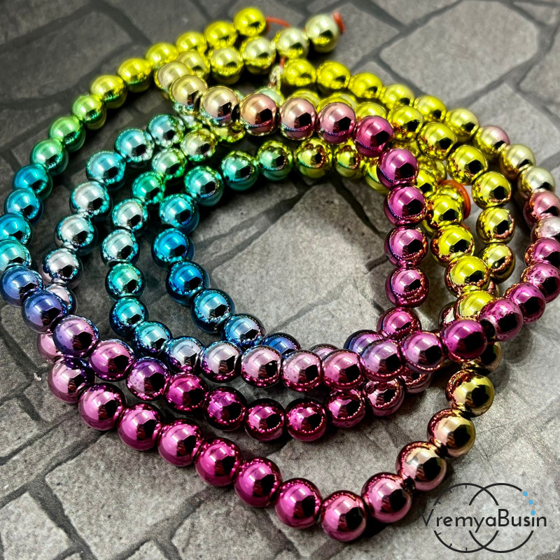 Гематит, шарик гладкий 6 мм, цв. радужный (нить, ок. 65 шт.)